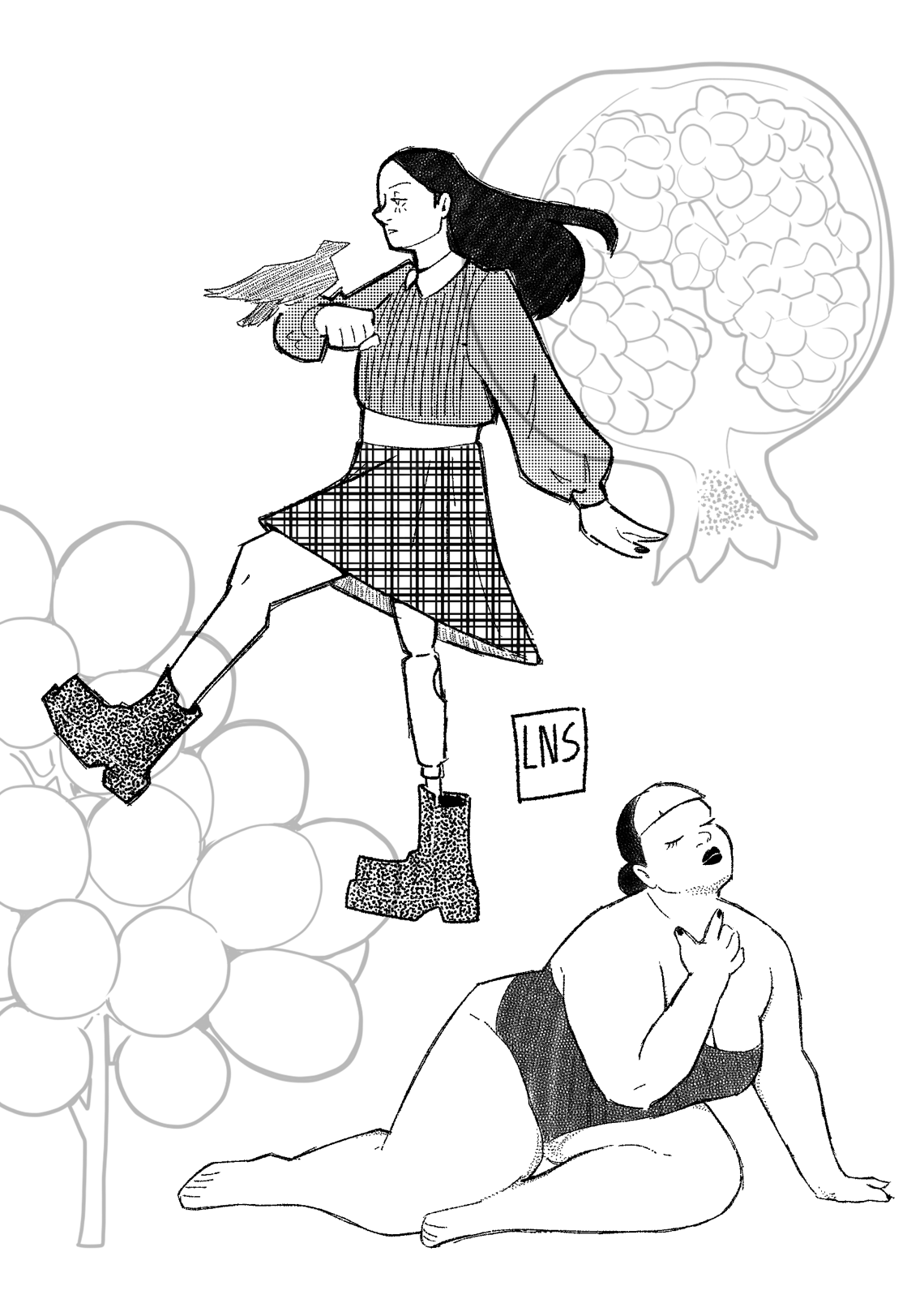 rascunhos em preto e branco de duas moças em uma folha adornada por desenhos de frutas. acima, uma mocinha de pele clara e cabelos escuros bem lisos usando um visual gótico enquanto olha para um corvo pousado em um de seus braços. ela agita as pernas, qual uma delas é uma prótese. a outra é uma moça gorda de pele clara, cabelo escuro exceto pela franja branca. também usa um maiô tomara que caia escuro e está deitada como uma musa