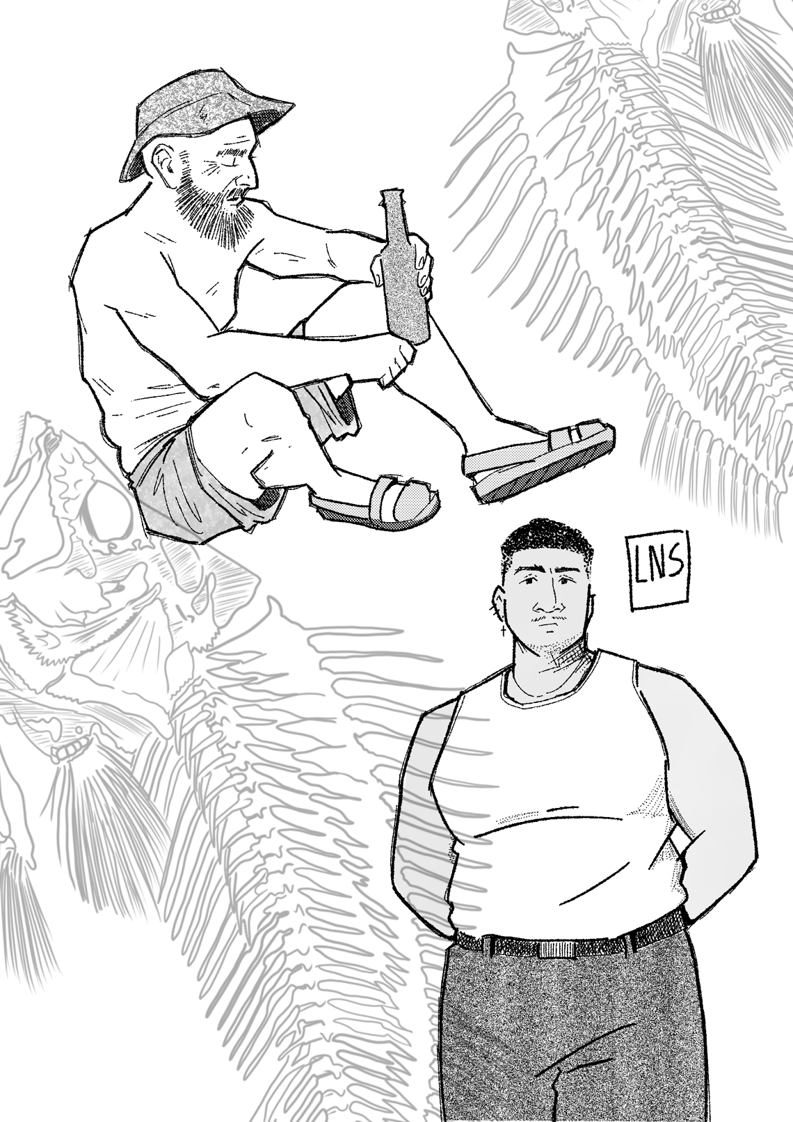 rascunhos em preto e branco em uma folha adornada por espinhas de peixe. há dois homens. um é idoso e usa um chapeu de pescador e shorts. é careca e barbudo e está sentado tomando cerveja em uma long neck. o outro é um rapaz latino, gordinho com o cabelinho na régua e brincos de cruz. usa uma regata branca e uma calça escura