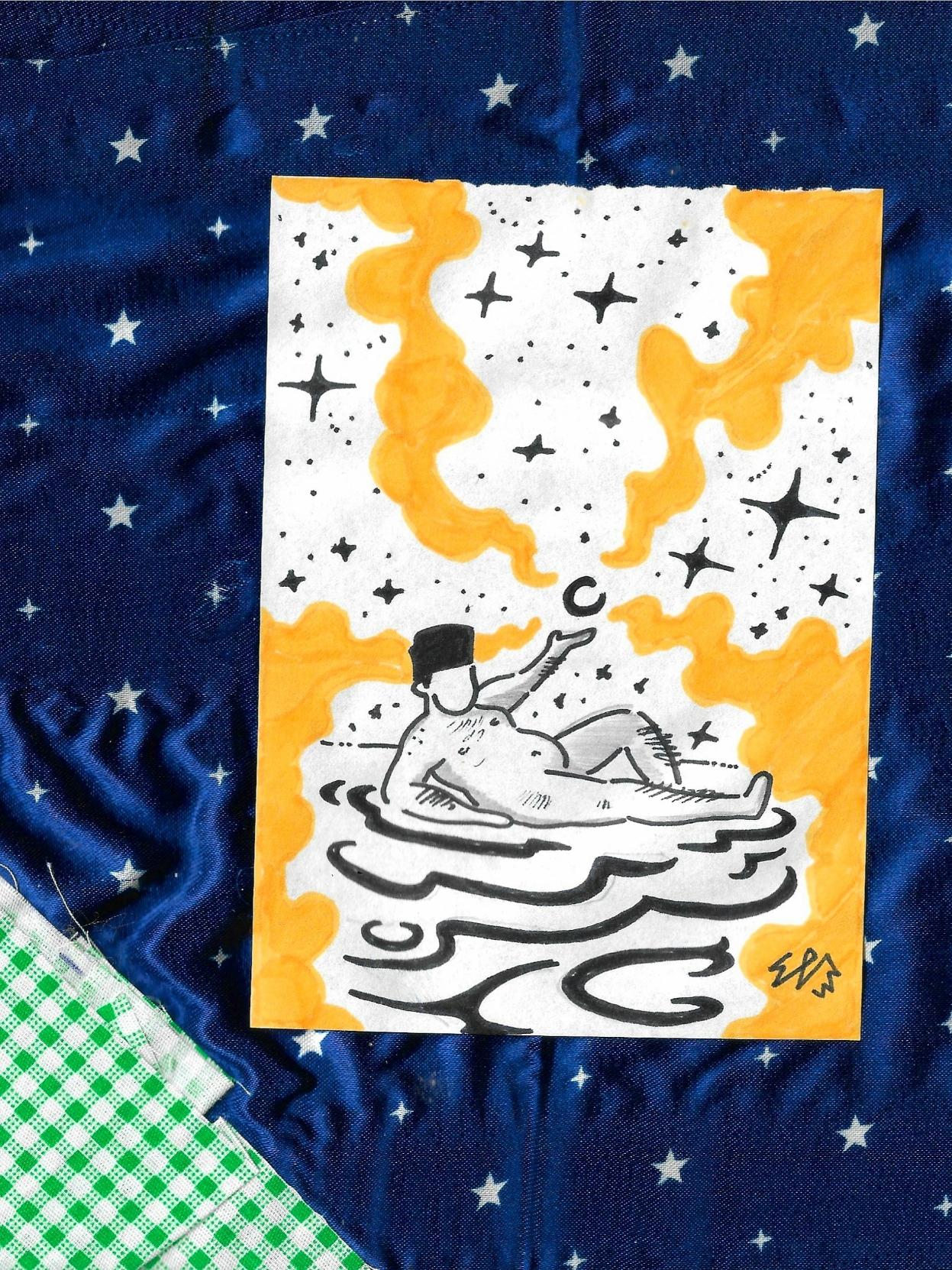 Ilustração mostra uma pessoa deitada sobre a água estendendo a mão esquerda em direção a uma pequena lua crescente, sob um céu estrelado. O desenho é em preto e branco com nuvens em amarelo. atrás do papel, um fundo de tecido azul com estrelas