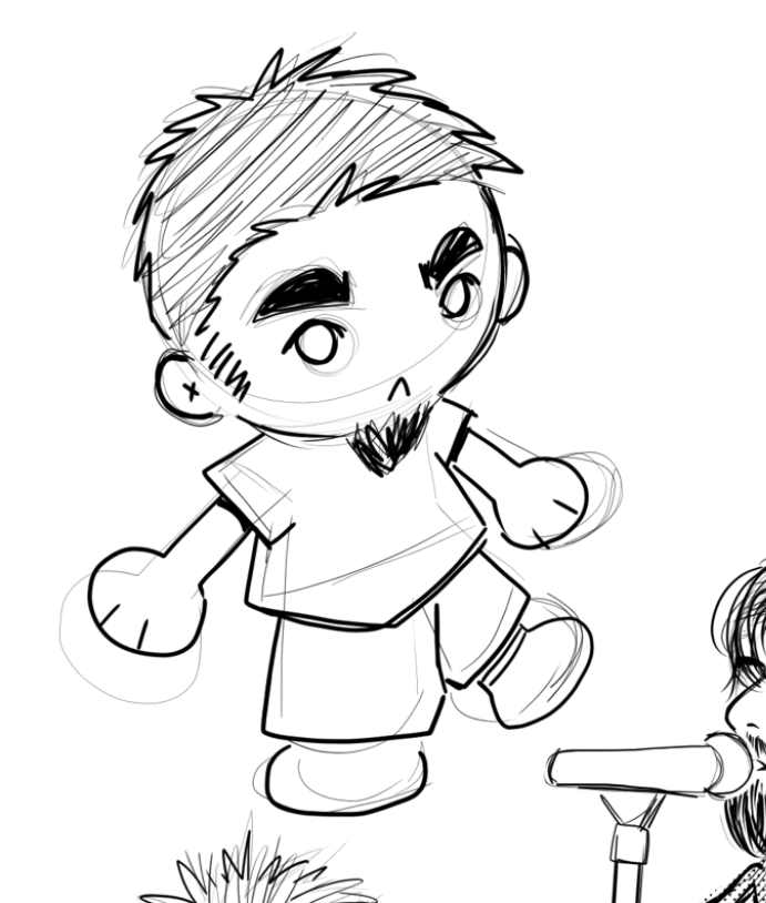 desenho em rascunhos e preto e branco do chino moreno só que num estilo chibi, semelhante ao villager do animal crossing